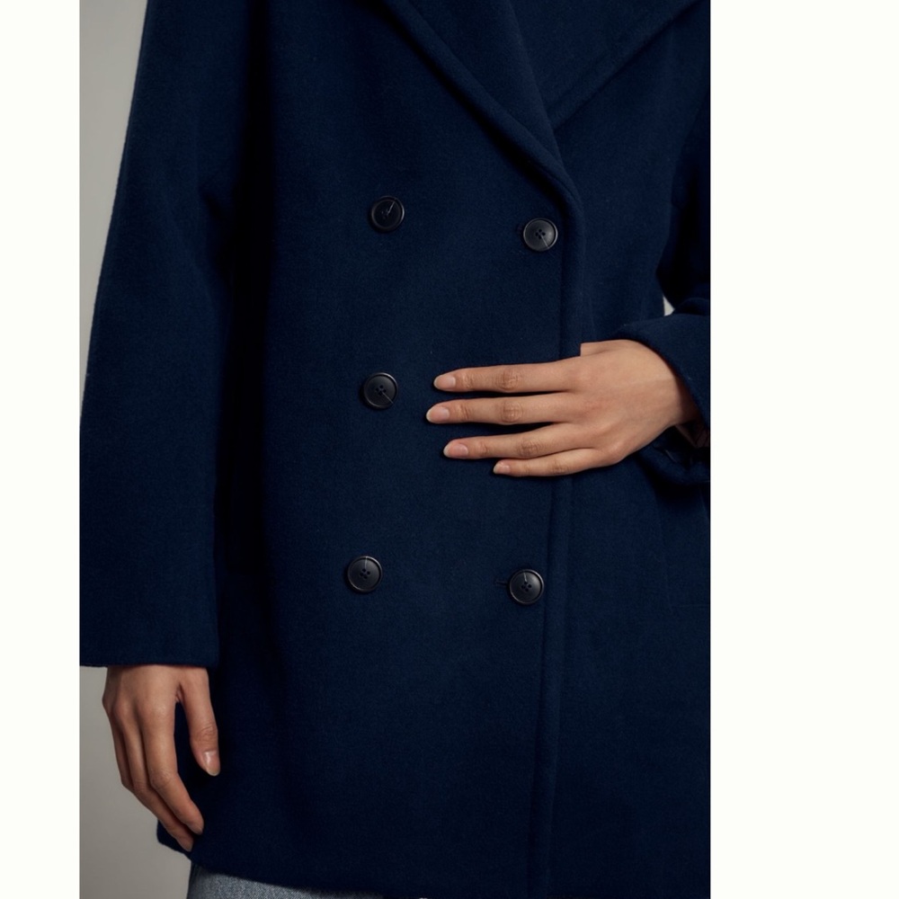 NWT Anthropologie Maeve Double-Breasted Oversized Wool-Blend Coat in Navy Blue - Picture 2 of 13